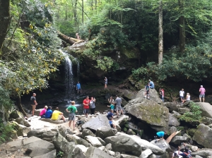 A crowd of civilians enjoying Grotto Falls